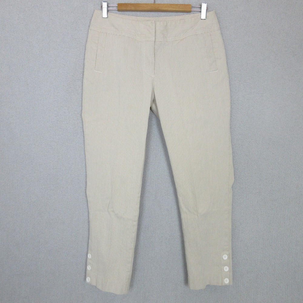 Rafaella Womens Beige White Striped Cropped Pants Button Hem Size 10 RN 95615